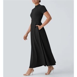 New Halara Stand Collar Short Sleeve Pocket Flare Maxi Dress Black Size Medium